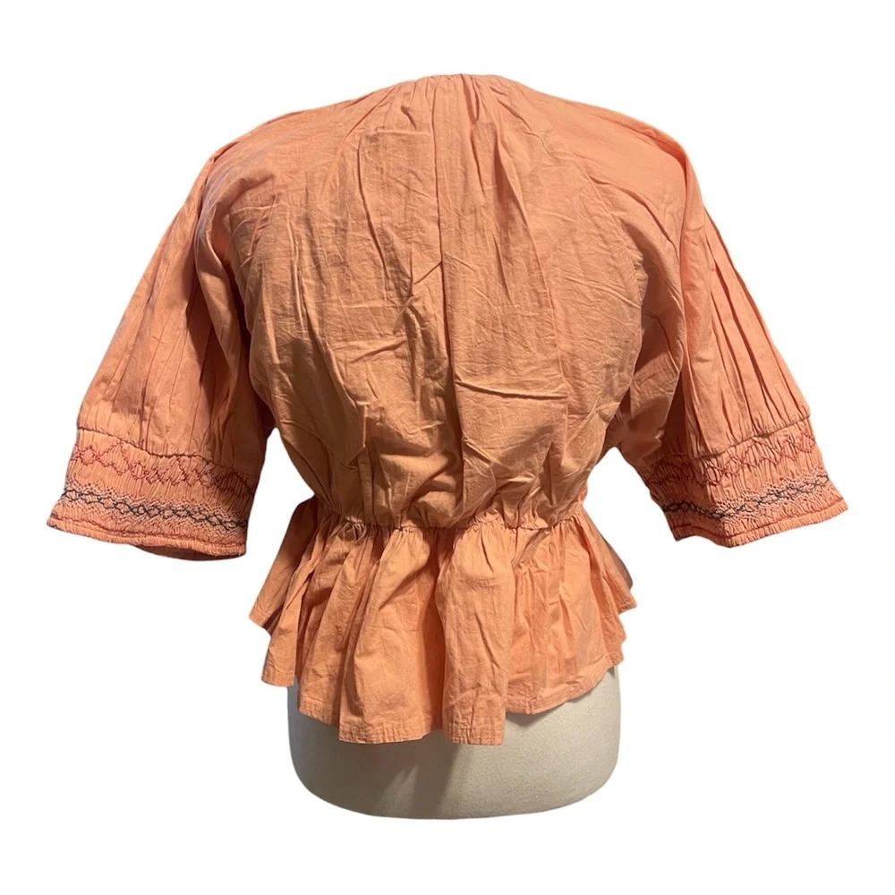 Free People Where We Meet Smocked Embroidered Cotton Cropped Blouse Sz‎ S boho
